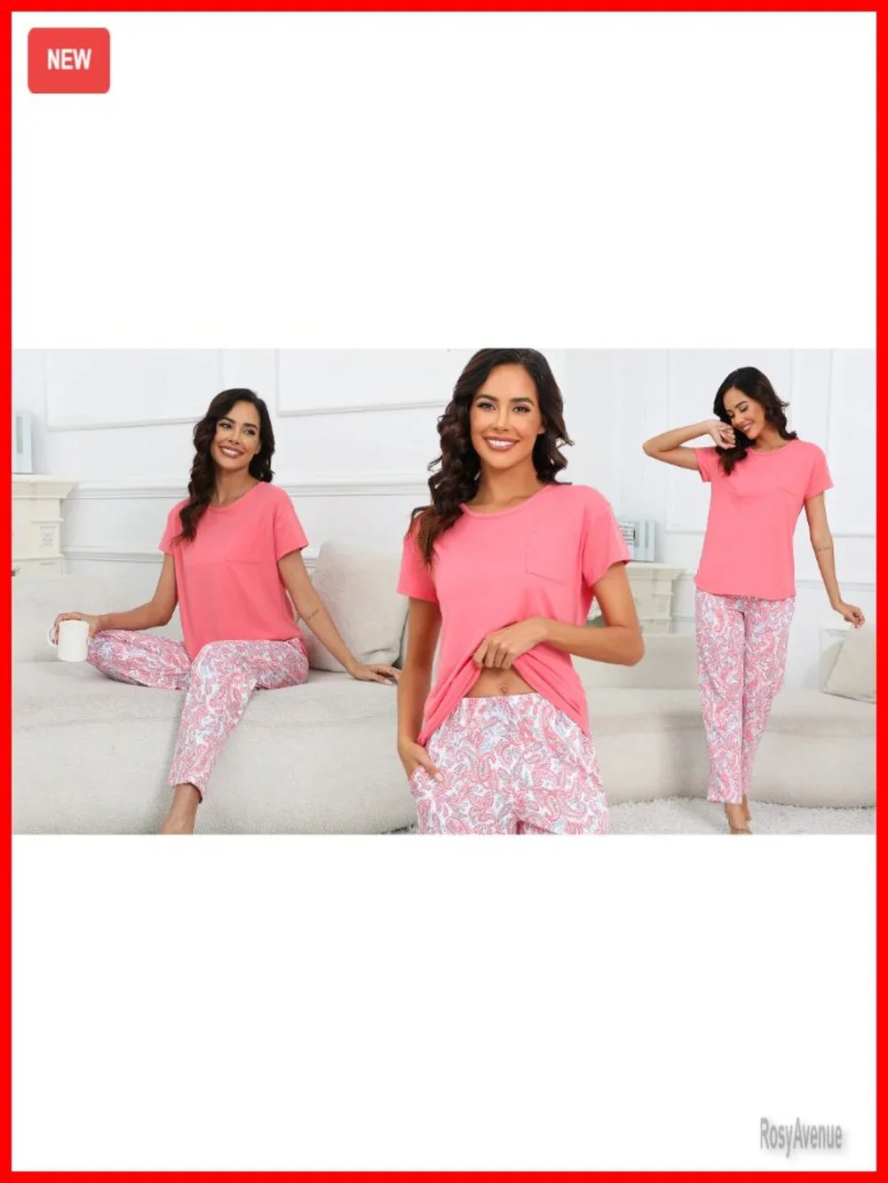 60% Cotton 40% Polyester Short Sleeve Pajama Set with Pockets